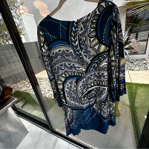HALE BOB silky long sleeve blue paisley shift dress size M - Picture 3 of 9